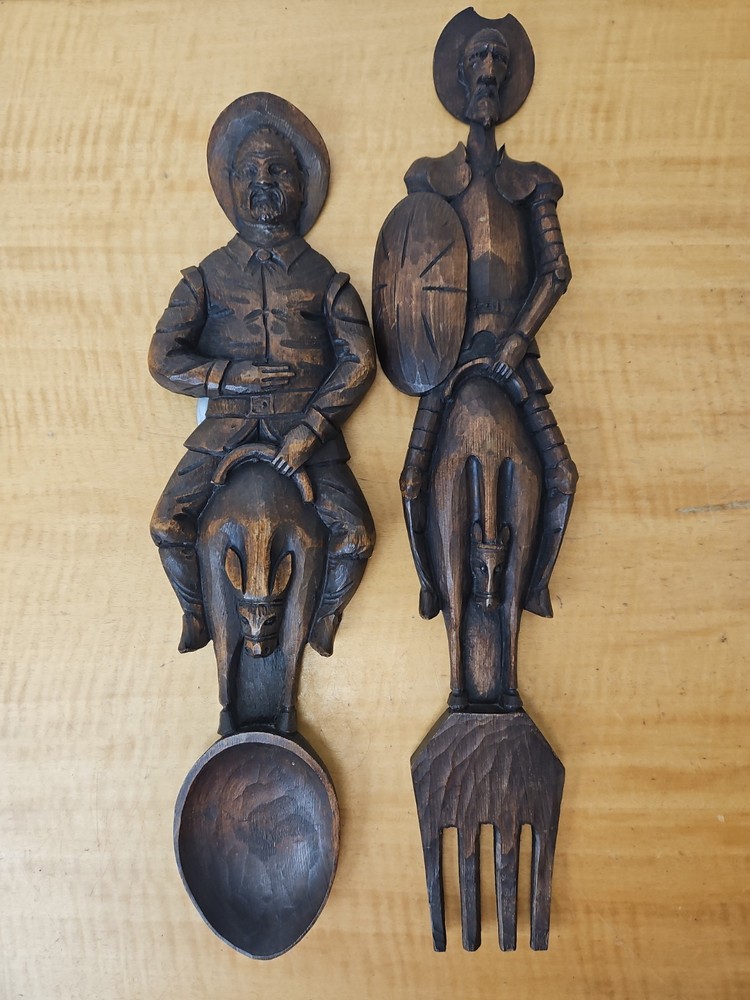 Pair of Don Quixote & Sancho Panza carved wood wall art SPOON and FORK
