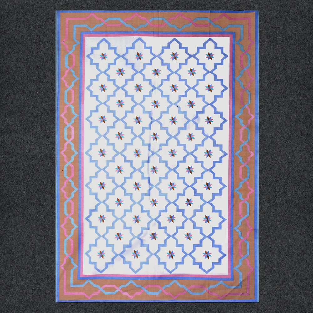 Handwoven Cotton Dhurrie Rug Color White and Blue Design Handmade Carpet Rug
