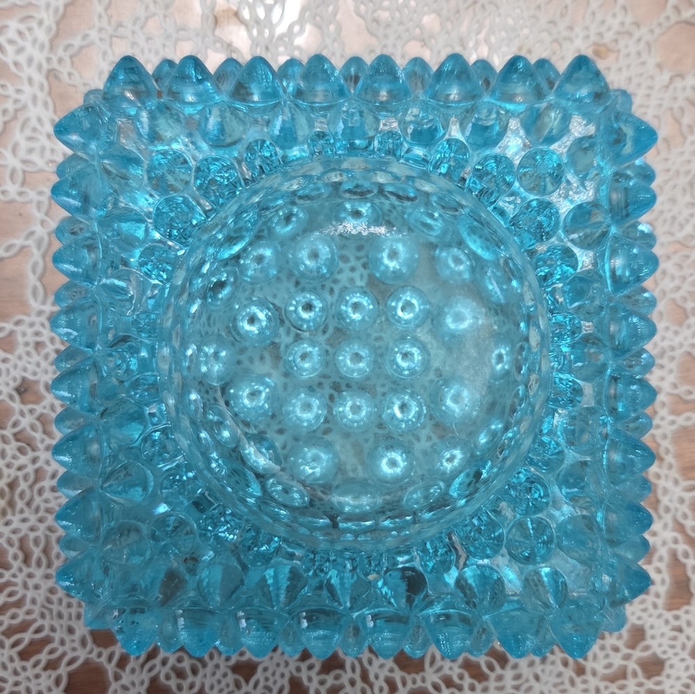 Vintage Fenton Blue Hobnail Glass Square Salt Cellar/Votive Candle Holder 2.8