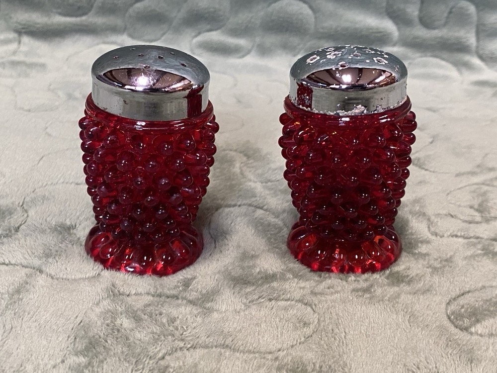 Vintage salt and pepper shaker pair Fenton ruby red hobnail glass
