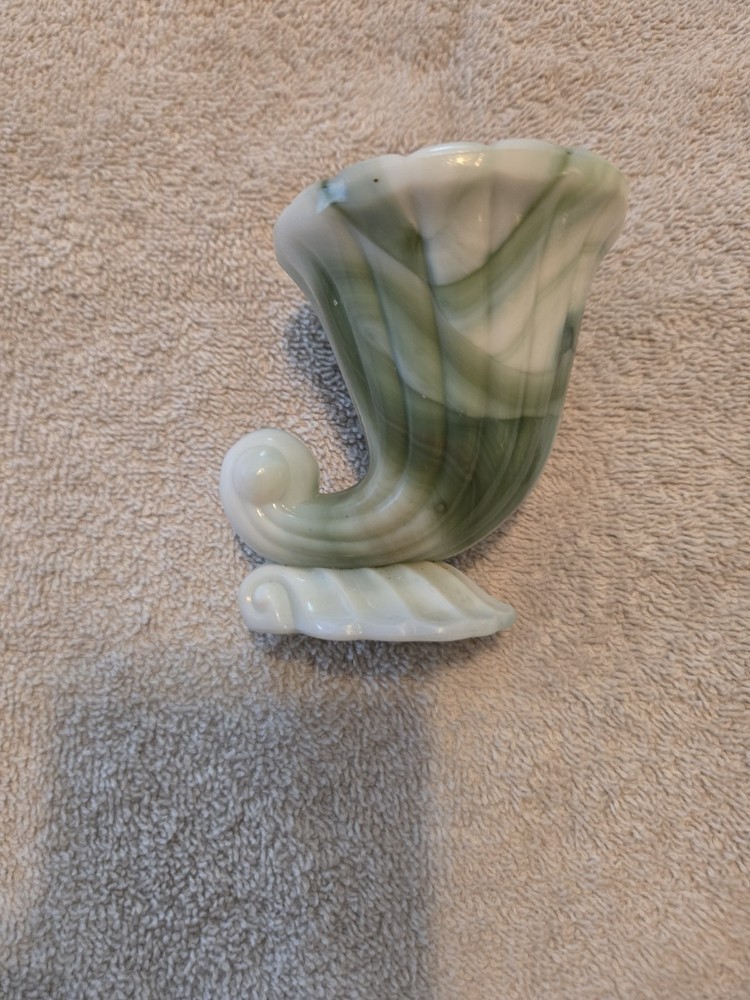 Vintage Akro Agate Slag Glass Cornucopia Vase Green White Marbleized Art Deco