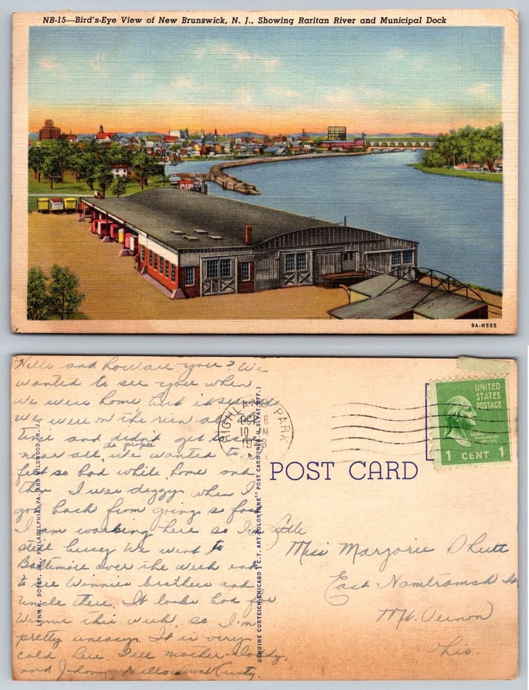 1939 New Brunswick NJ Raritan River Municipal Dock Bird's Eye View Postcard