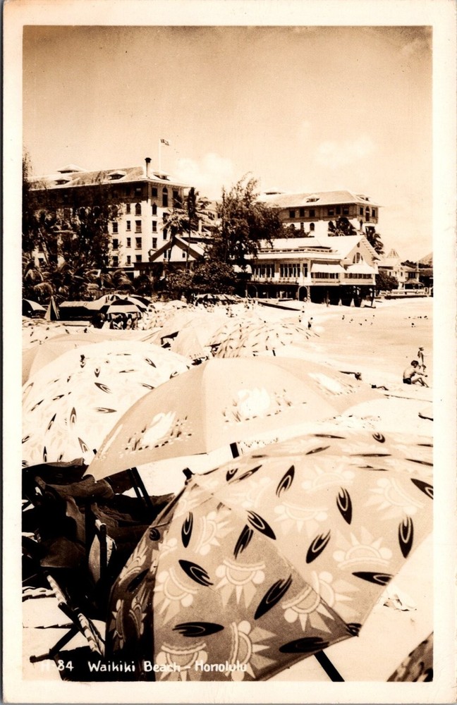 Vintage RPPC Waikiki Beach Honolulu Hawaii 1920s Beach Umbrellas Hotel