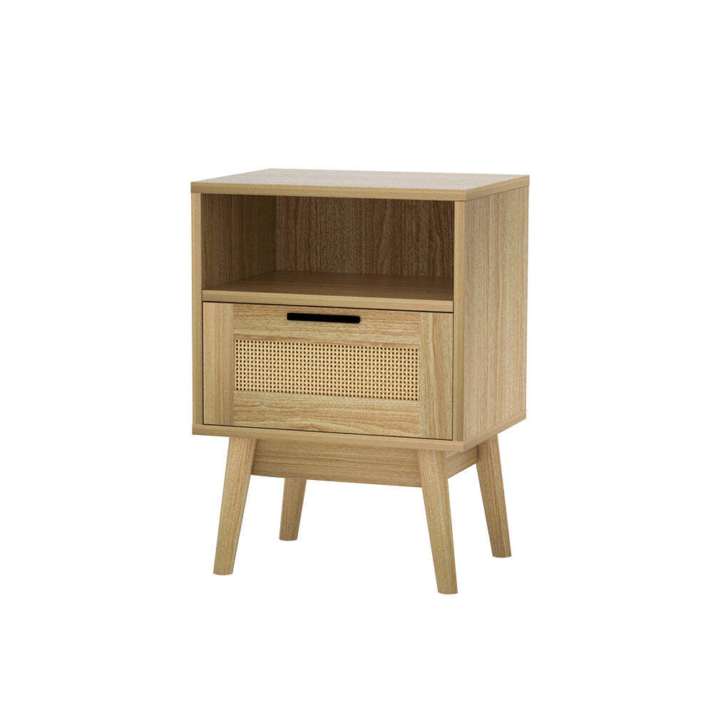 Rattan Bedside Table with Drawers Wood Nightstand Storage Cabinet