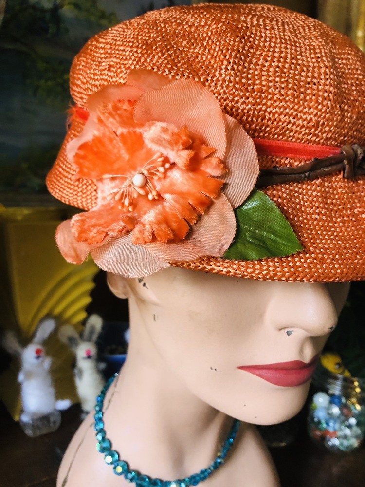 Vintage Antique 1940’s Orange Floral Millinery Neat Shaped Hat