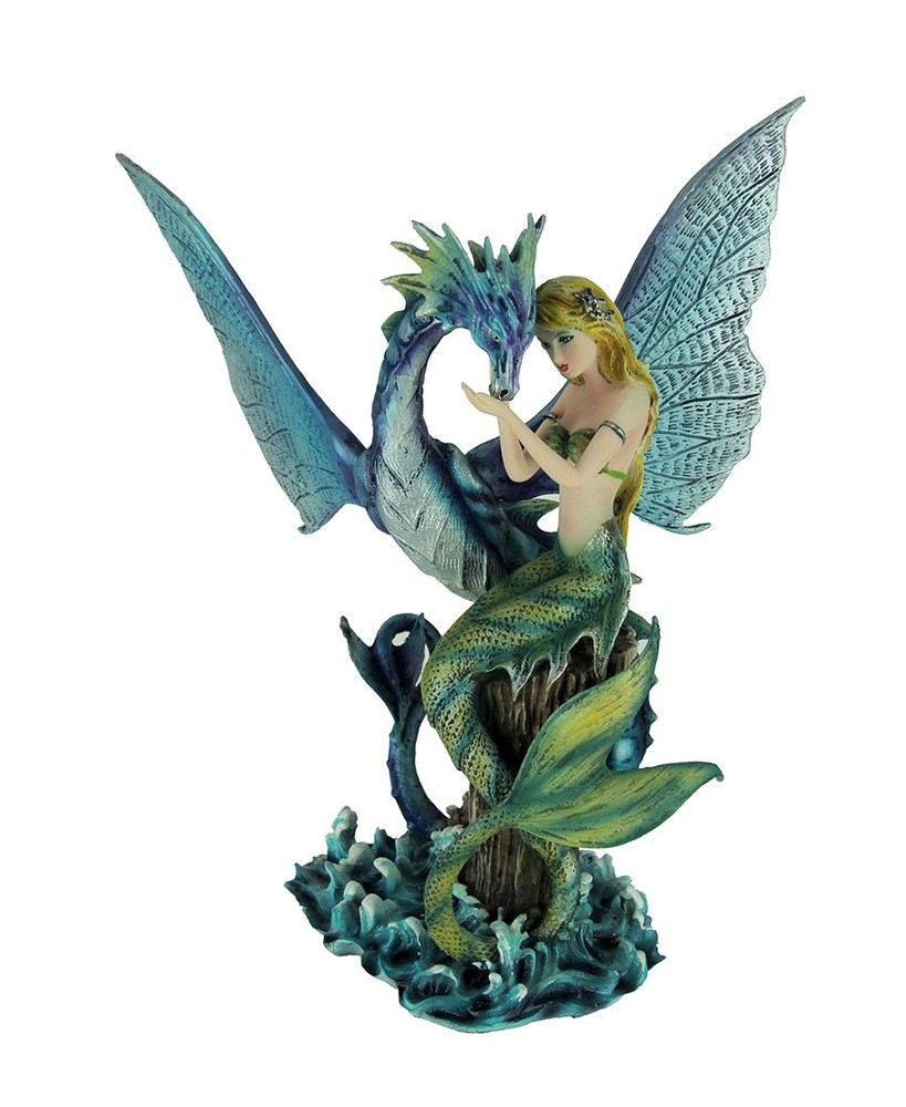 Scratch & Dent Mermaid Sitting with Blue Sea Dragon Statue