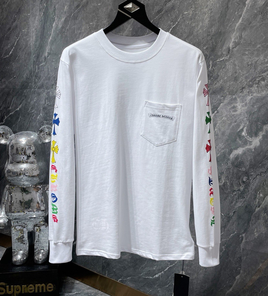 Chrome Hearts Men's Logo Graphic Cotton Pocket Tee White Long Sleeve Sz L