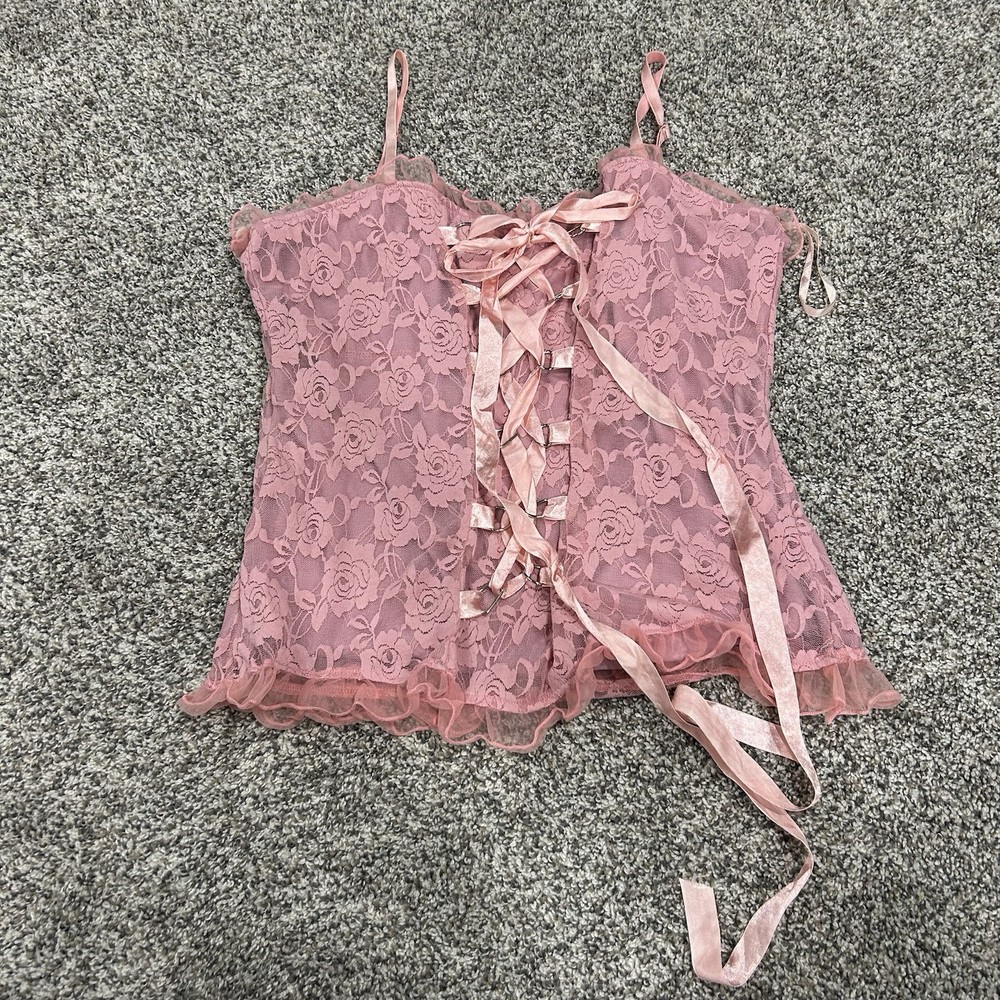 Oh Yes Plus Pink Lace Lined Femme XXL Cami Top Ribbon Tie Coquette Tank Y2K
