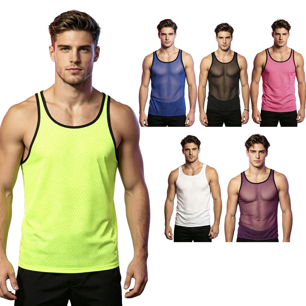 Men Glitter Rhinestone Mesh Tank Top Sleeveless See Through Mesh Vest Tee Shirt