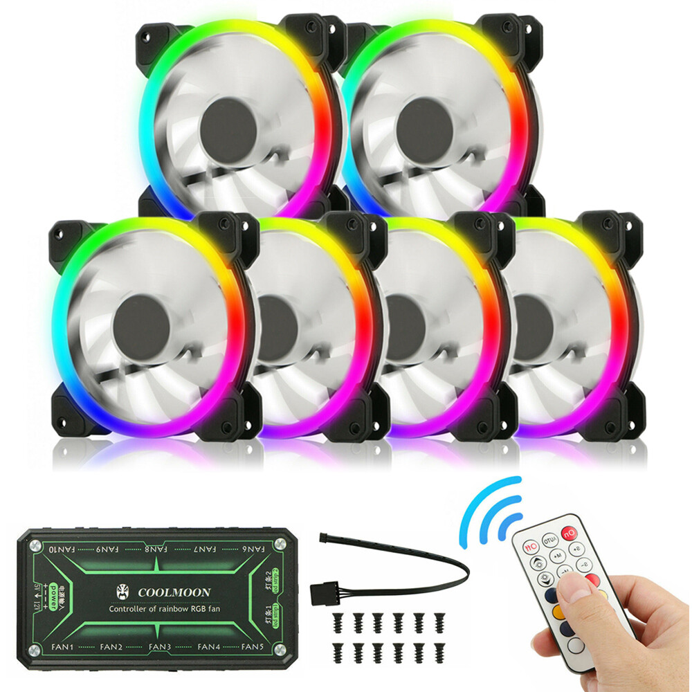 6 Pack RGB LED Quiet Computer Case PC Cooling Fan 120mm With Remote Control