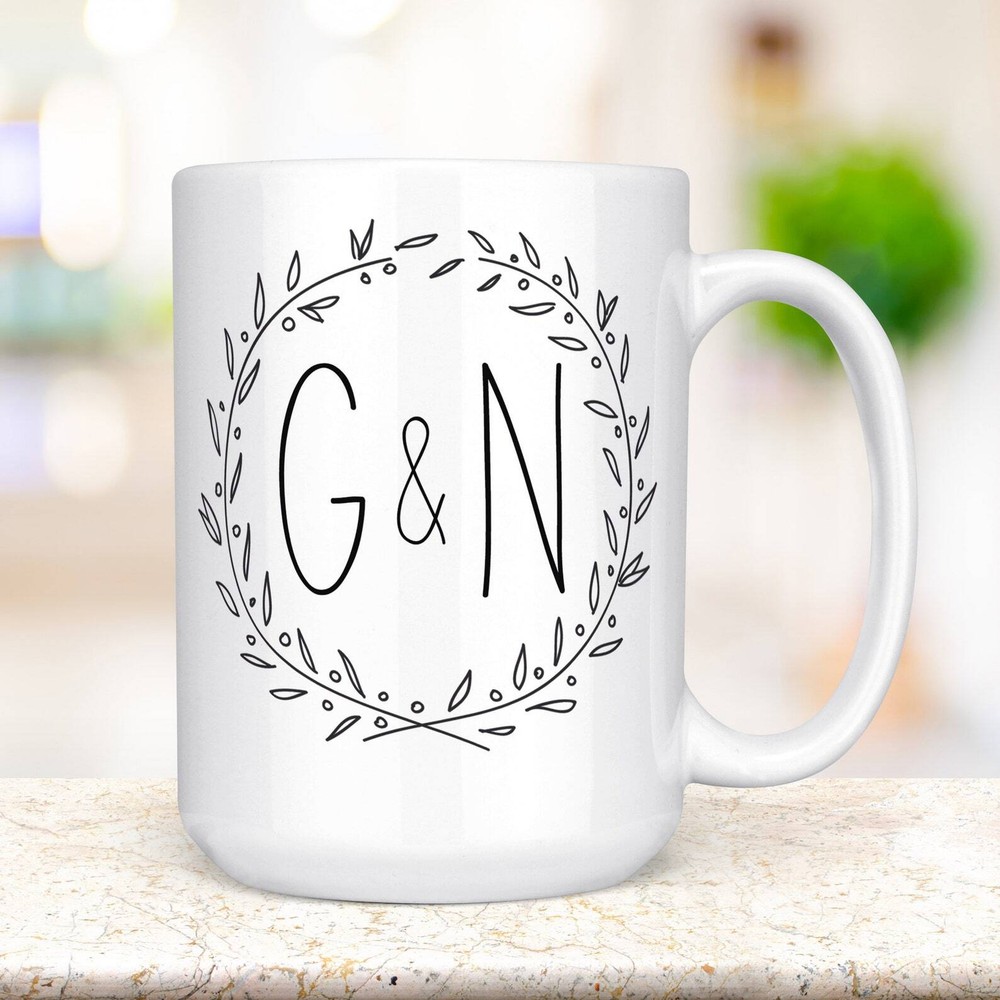 Coffee Mug Monogram Initials Wreath Coffee Cup Couple Initials Coffee Mug