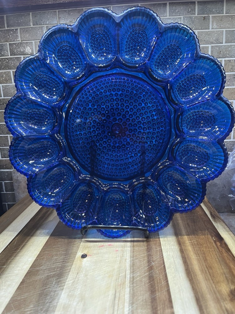 Vintage Indiana Glass RARE Brilliant Cobalt Blue Flashed Hobnail Egg Plate.