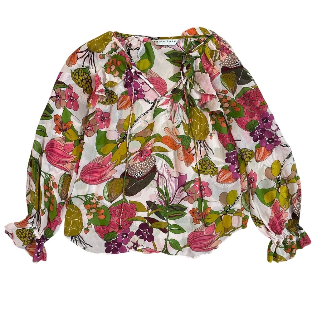 Trina Turk Blouse Magnolia Floral Silk Ruffle Tie Front Pink Green Women Small