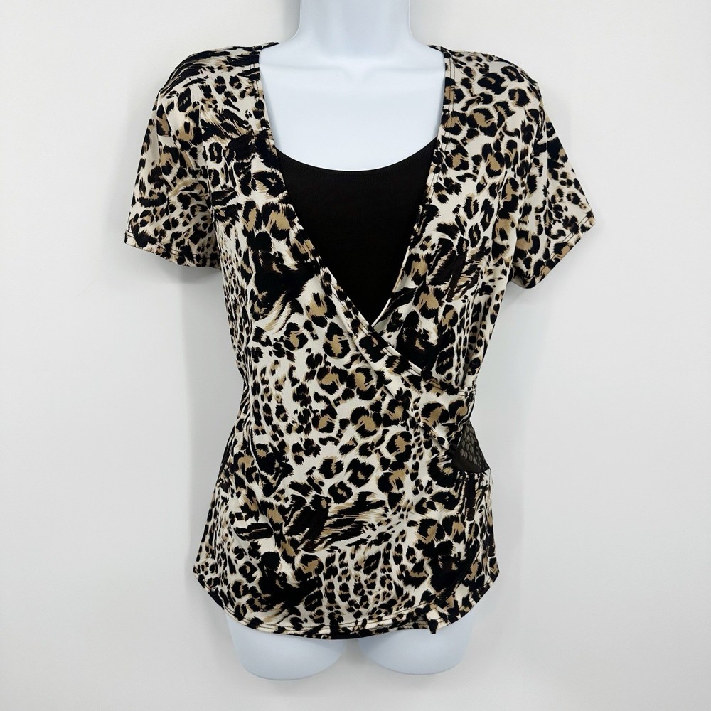 Vintage Y2K Leopard Short Sleeve Shirt Size Large Whimsical V Neck Fairycore