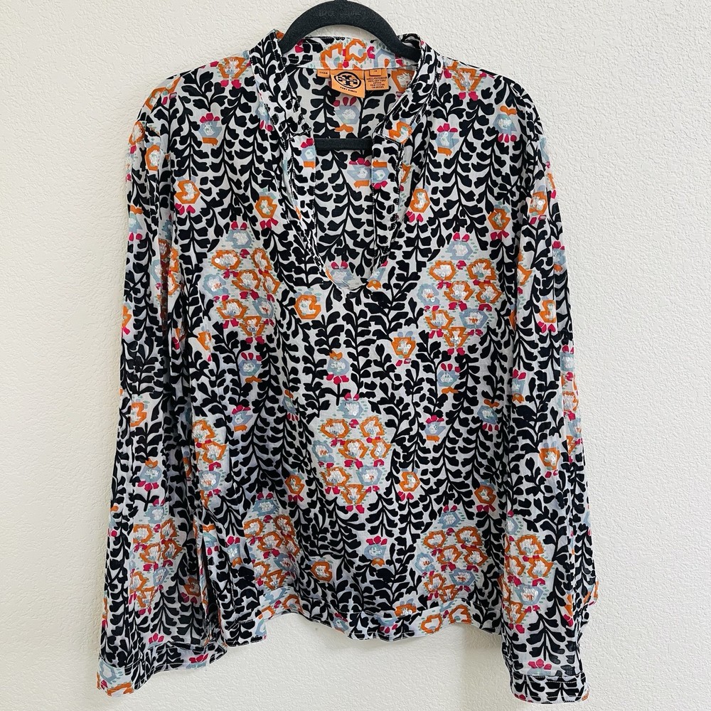 Tory Burch Blouse Womens Size 14 Floral Cotton Tunic Top Long Sleeve
