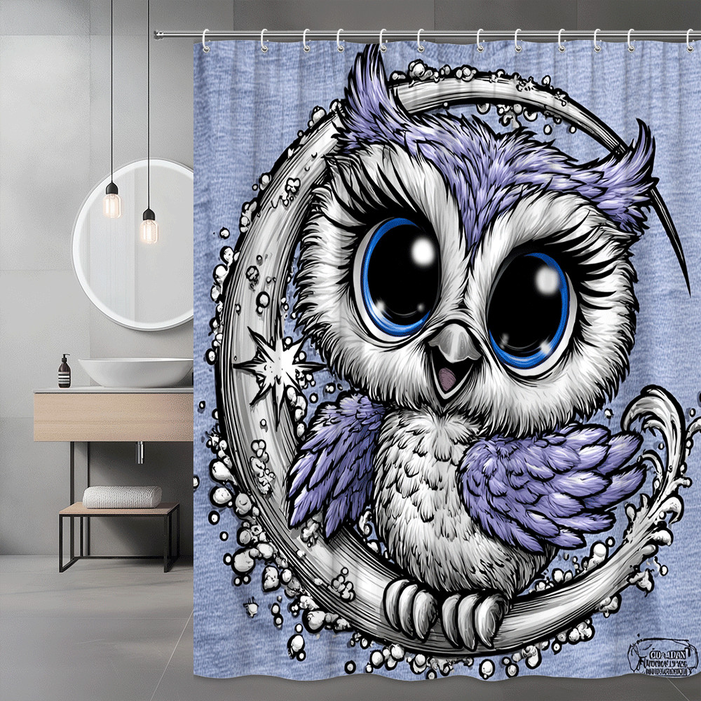 Cute Owl Graphic Shower Curtain Purple Blue Cartoon Print