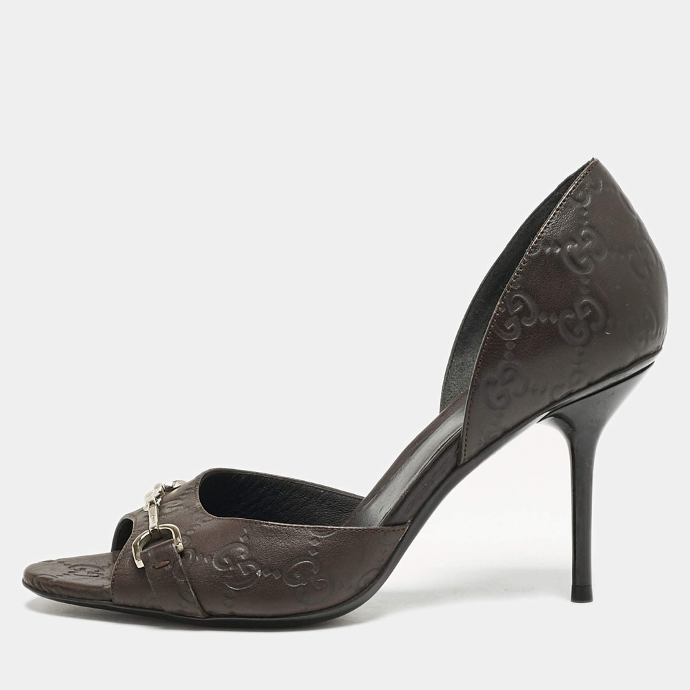 Gucci Brown Guccissima Leather Horsebit Dorsay Peep Toe Pumps Size 37