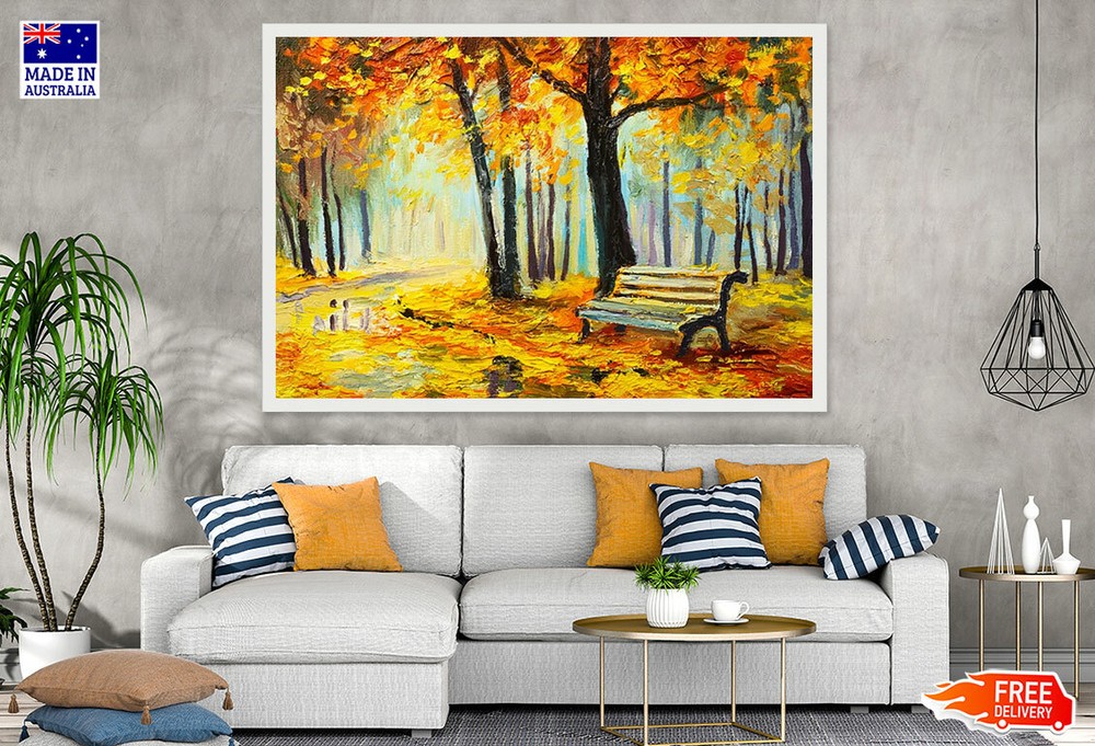 (Laminated) Autumn Forest & Bench Oil Painting 91x61cm