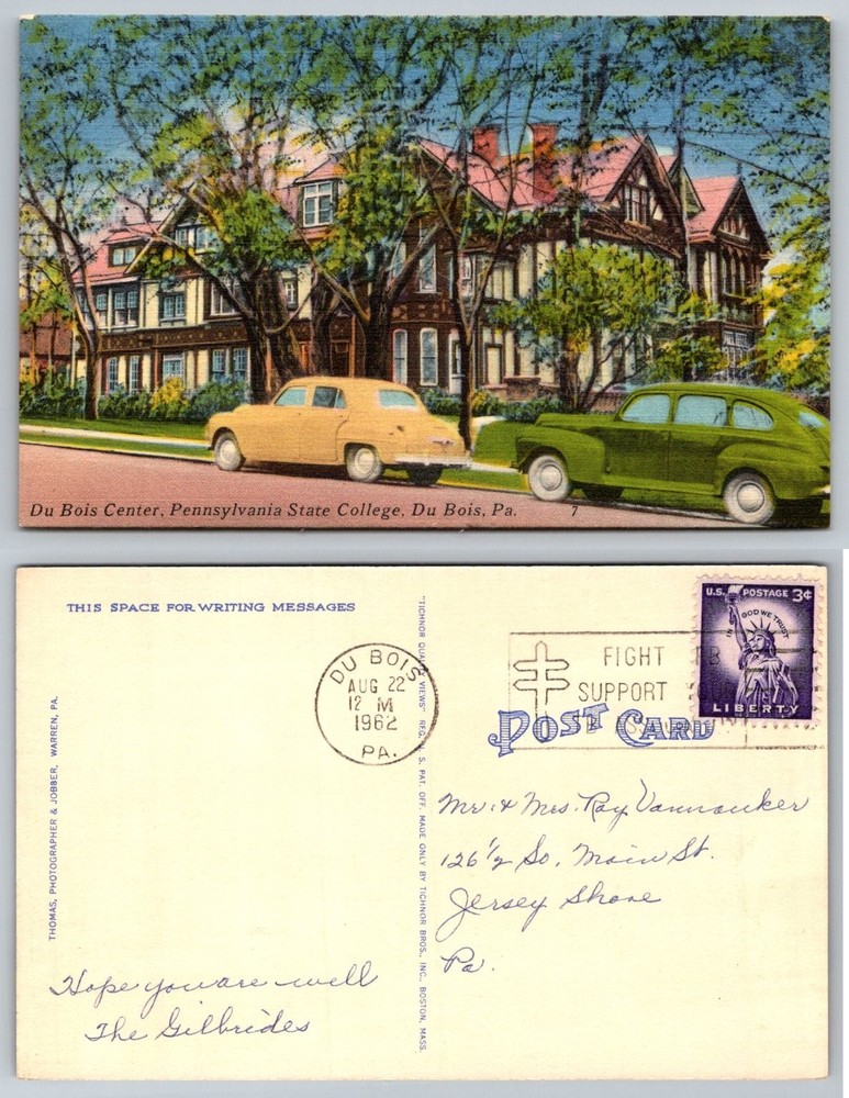 1962 Du Bois Center Penn State College PA Postcard Tichnor Linen Cars