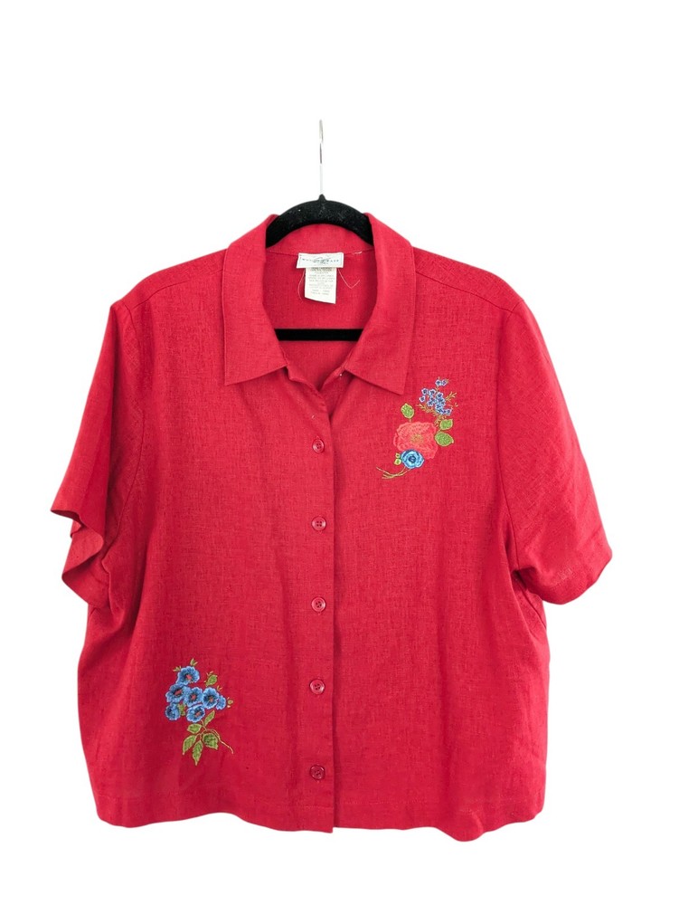 Vtg 90s Linen Blend Top Embroidered Floral Button Up Blouse Cottage Size 18W Red