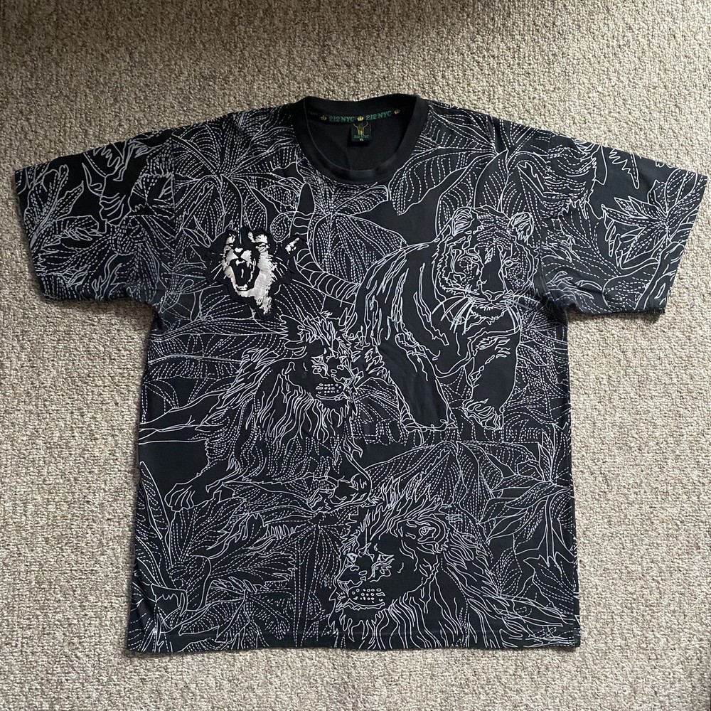 212 NYC T Shirt Mens XL Black Short Sleeve Lion Tiger AOP Oversized Jungle Cats