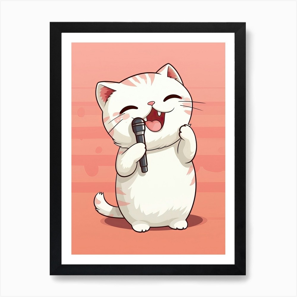 Kawaii Singing Cat Art Framed Canvas Wall Decor Poster Print