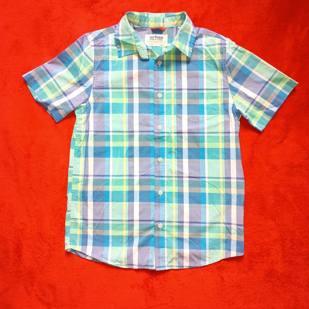 Urban Pipeline Plaid Button Up Shirt Mens Size L Short Sleeve Gray Blue Green