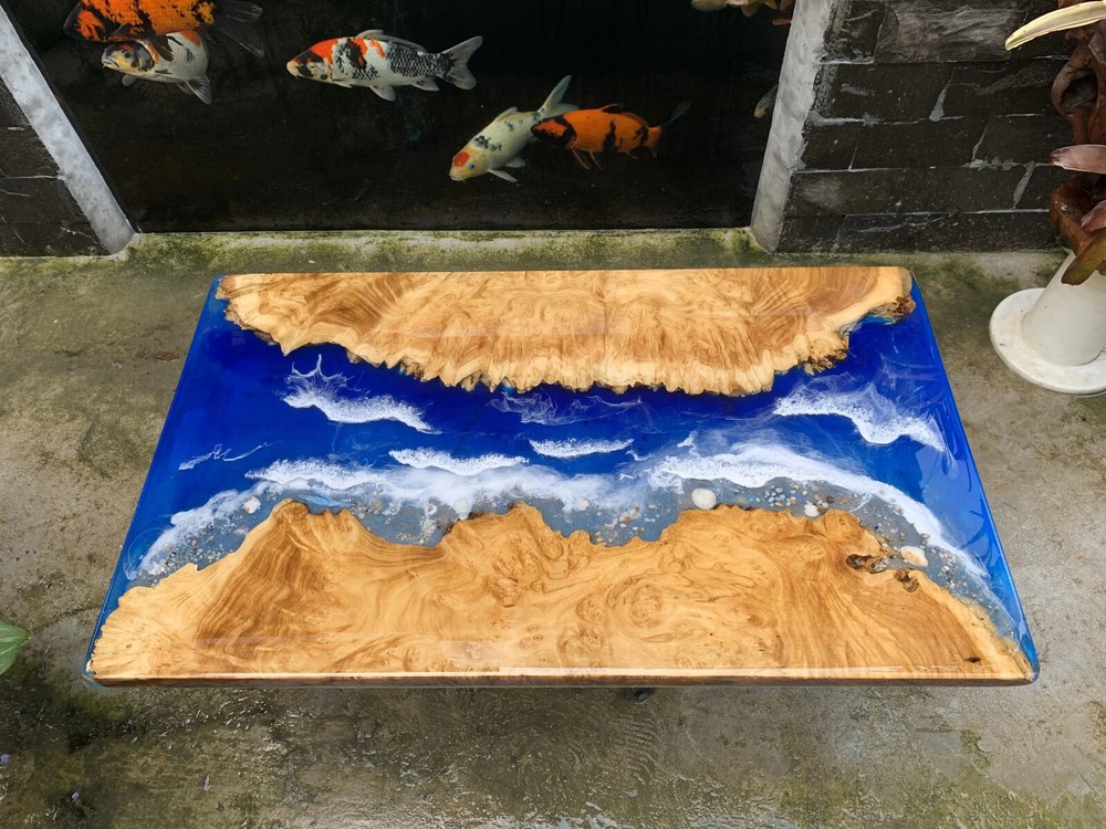 Handmade Blue Epoxy Resin and Acacia Wood Coffee Table Sofa Centerpiece