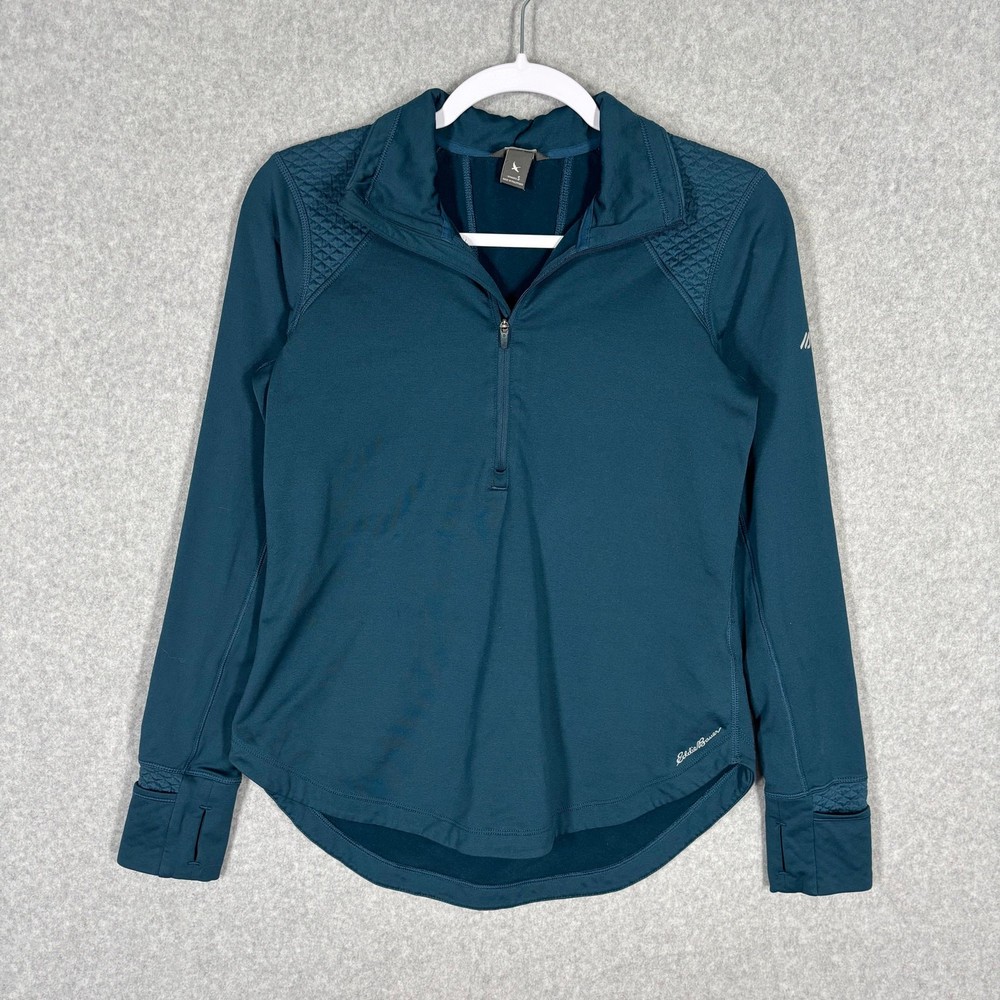 Eddie Bauer Top Small Teal 1/4 Zip Base Layer Fleece Lined Thin Thumb Holes