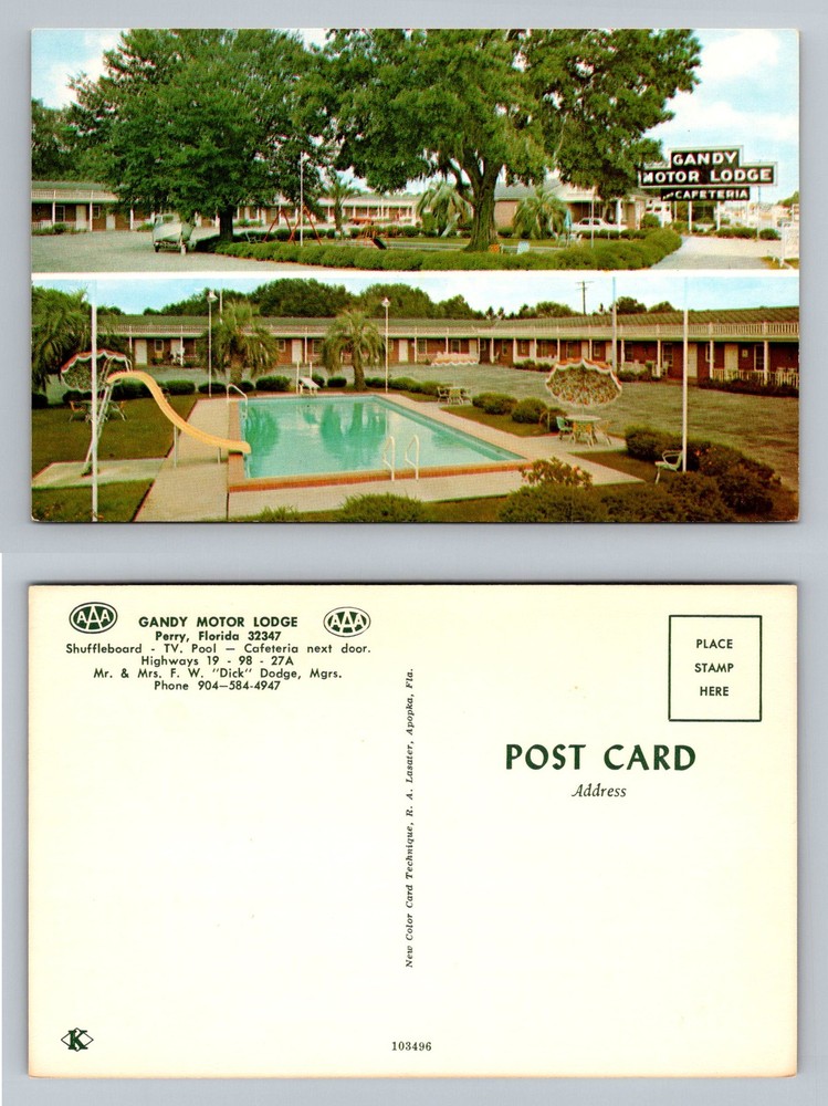 Perry, FL-Florida, Gandy Motor Lodge, Pool & Cafeteria Vintage Postcard
