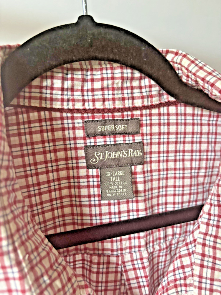 St Johns Bay Shirt Mens 3XL TALL Red White Button Down Large Long Sleeve Plaid