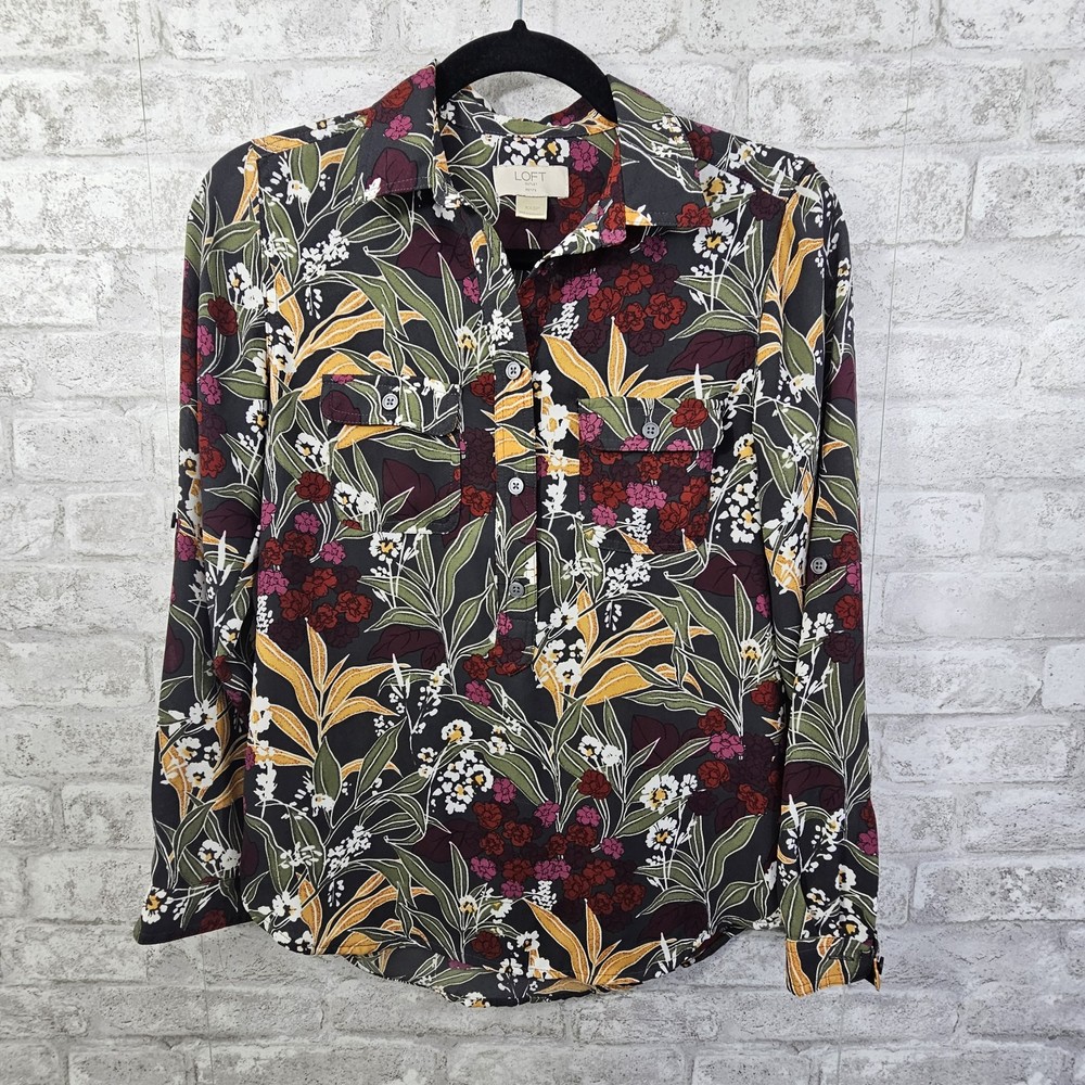 Ann Taylor Loft Floral Long-Sleeve Roll Tab Sleeve Blouse Women's Size XXSP