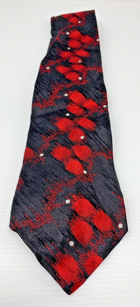 Serica Red/Black Abstract Tie With Silver Polka Dots 100% Silk