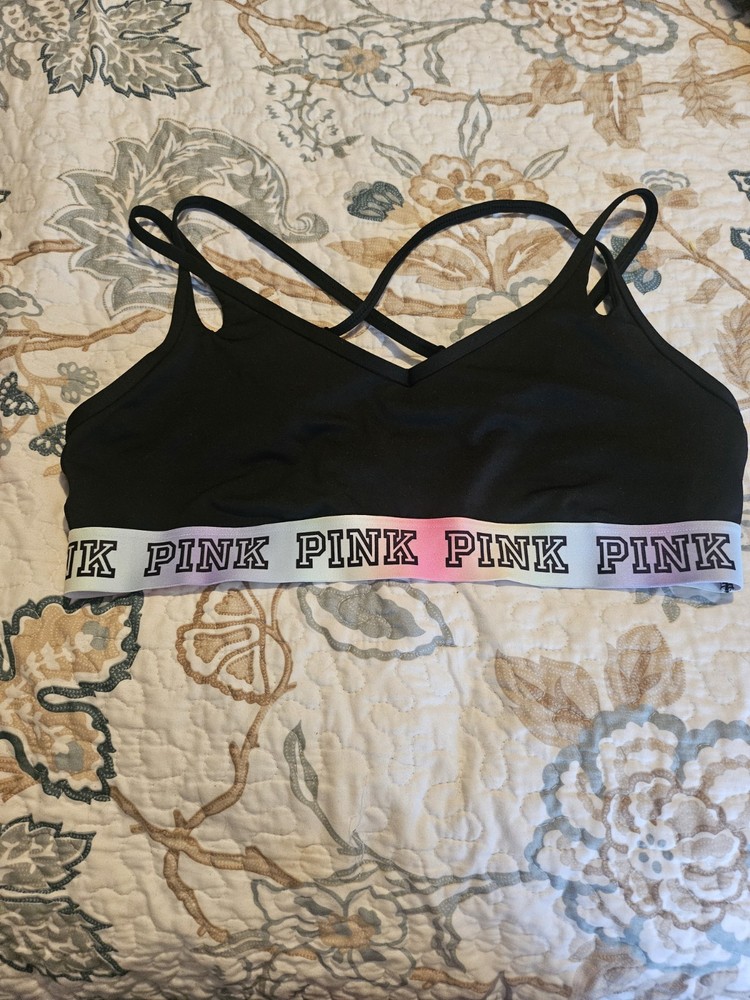 PINK Active Sports Bra XL Black Crossback Logo Pullover Wireless