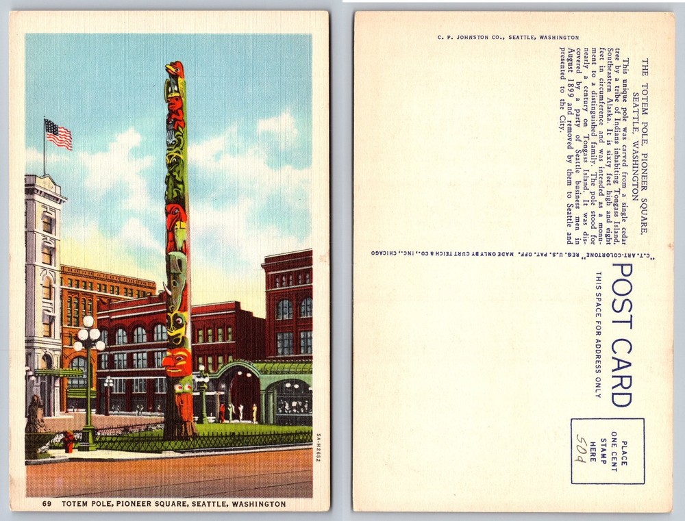 Vintage Totem Pole Pioneer Square Seattle WA Postcard Curt Teich Linen