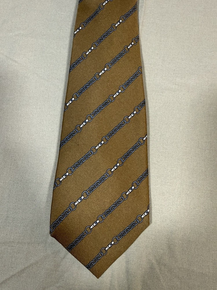 Vintage Hermes Paris Spur And Belt Neck Tie In Brown With Blue 100% Silk