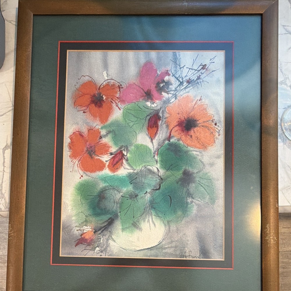 A Brook Signed Abstract Modern Floral Vase Drawing on Paper, Matted & Framed