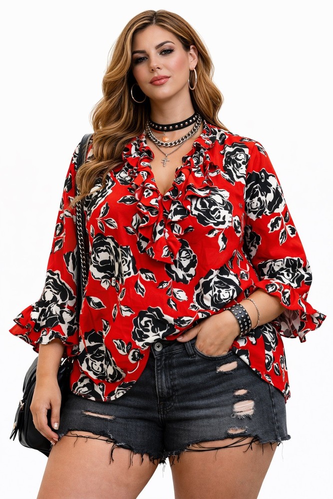 Jones New York 1X Red Black Floral Ruffle Blouse Plus Size Statement Top