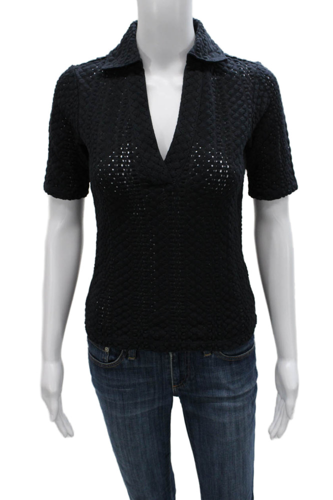 Vince Women Basic Black Cotton Collared Polo Short Sleeve Size 2XSFree Shipping in US $100+ Orders | $6.95 Orders Below