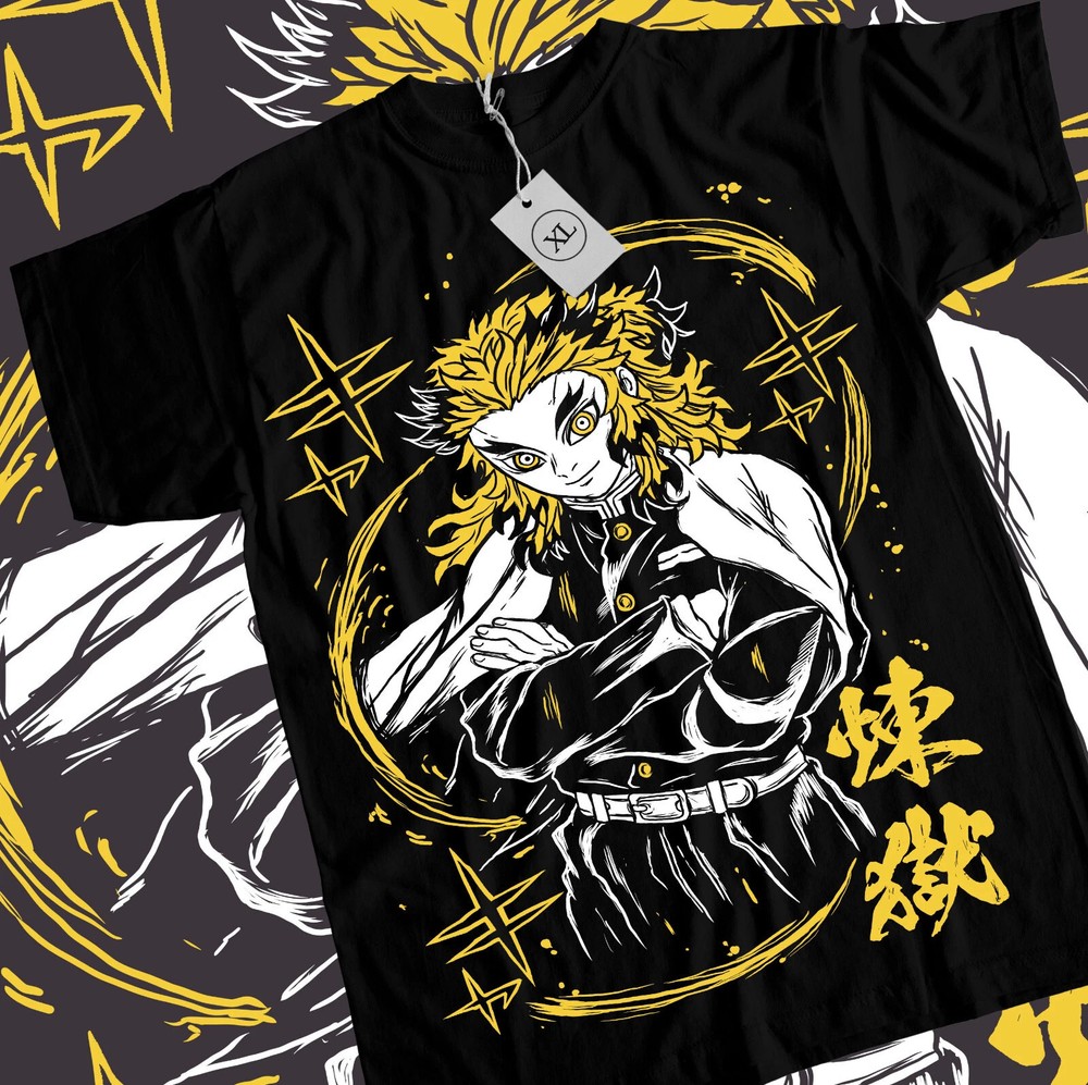 Anime Demon Slayer Kyojuro Rengoku Yellow Color Graphic Black T-Shirt Size S-5XL