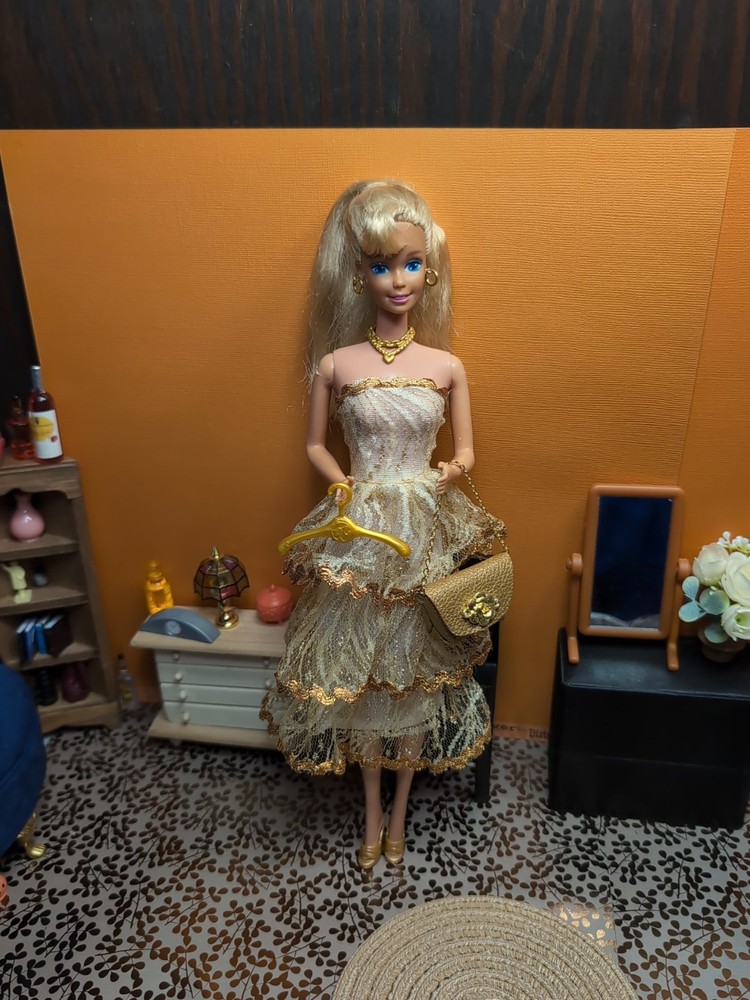 Vintage Barbie Clone Outfit - Flouncy Gilt & Lace Dress, Mules, Custom Purse +