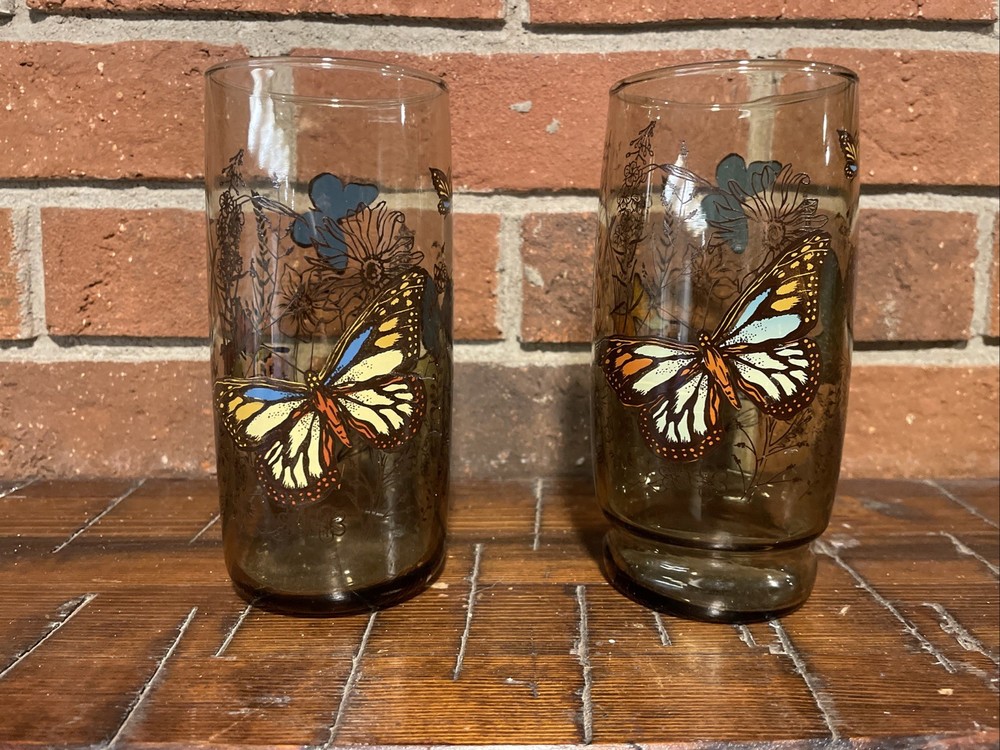 Vintage Butterfly Drinking Glasses Smokey Amber Brown Set of 2 Libbey Glass EUC