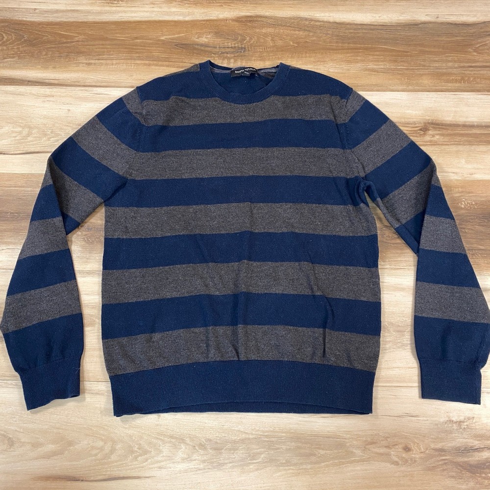 Banana Republic Sweater Mens Small Navy Blue Gray Striped Cotton Blend Crewneck