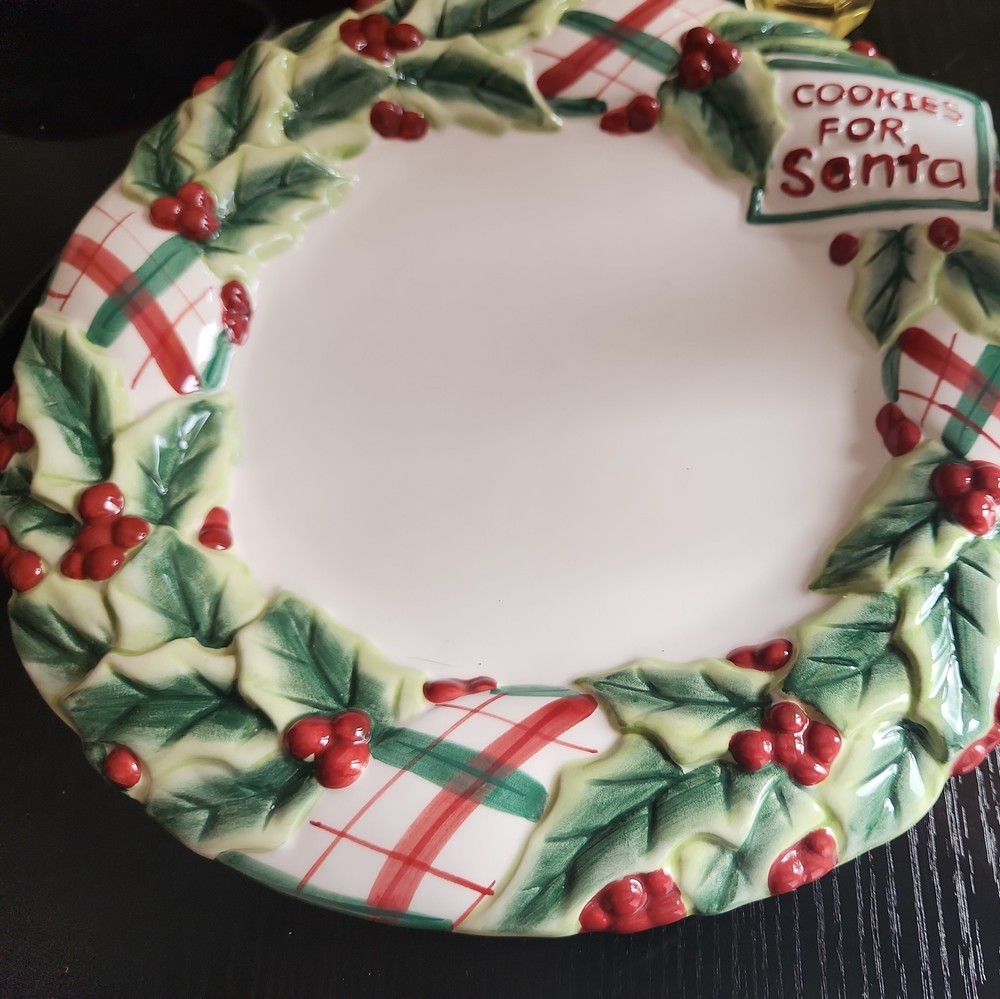 fitz and floyd cookies for santa 10” plate plaid w/holly berries new