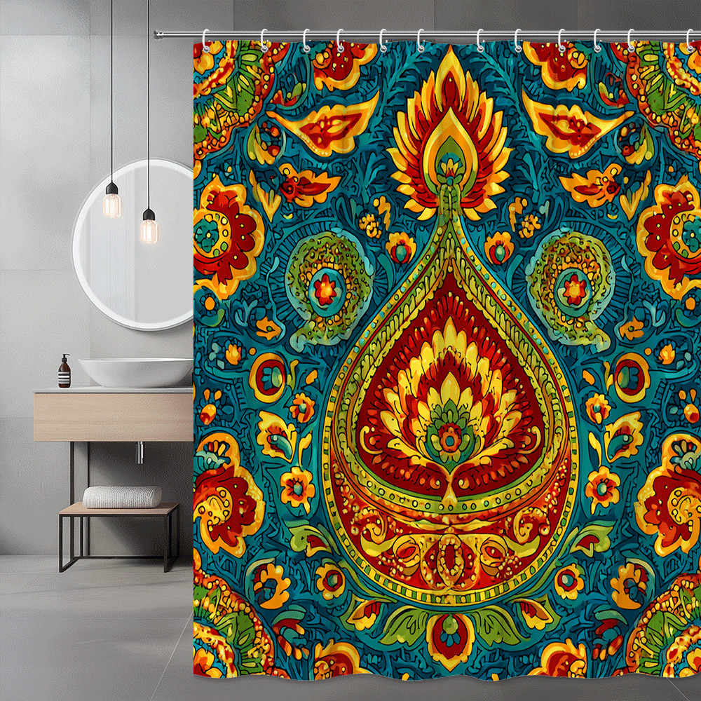 Boho Paisley Floral Shower Curtain Teal Orange Abstract Print