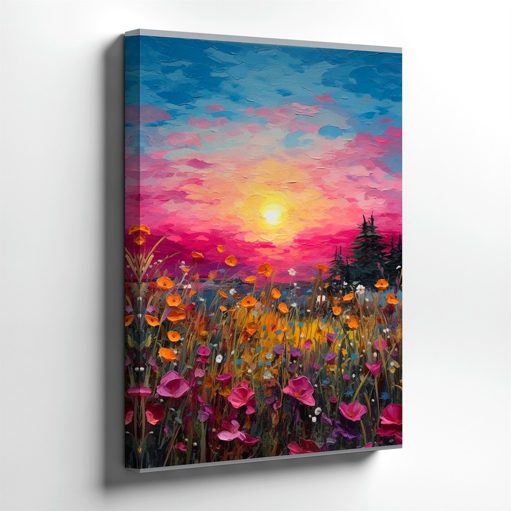 Wall Art Sunset Wildflower Meadow Canvas Print Colorful Floral Landscape Decor