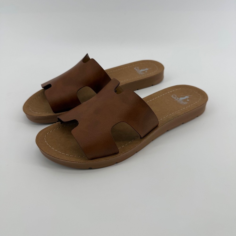Corky's Brown H Strap Slide Sandals Comfort Wedge Sole Women's Size 10