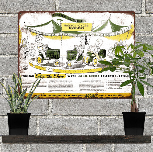John Deere Toy Tractor Cycle Show Man Cave Metal Sign 9x12