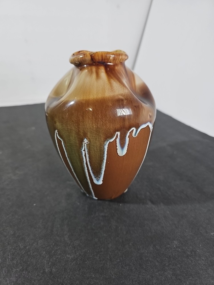 Vintage Drip Glaze Pottery Vase Pinched Handmade 7” Brown Light Blue