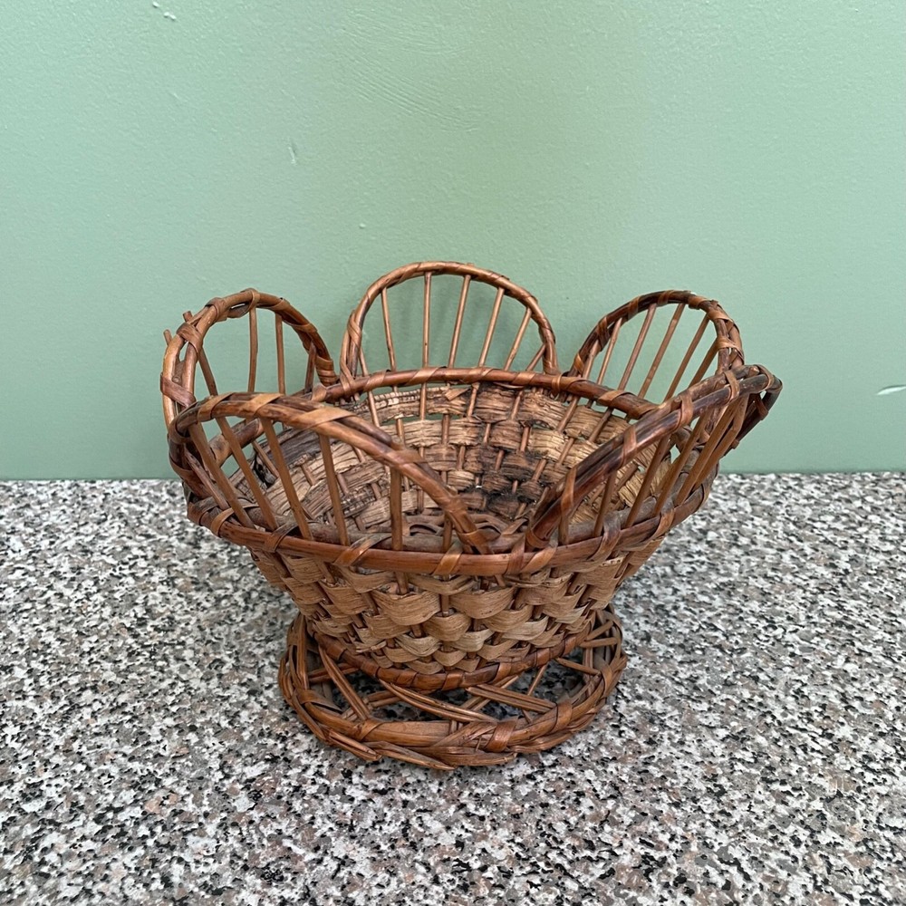 Vintage Boho Woven Wicker Flower Shaped Basket with Pedestal